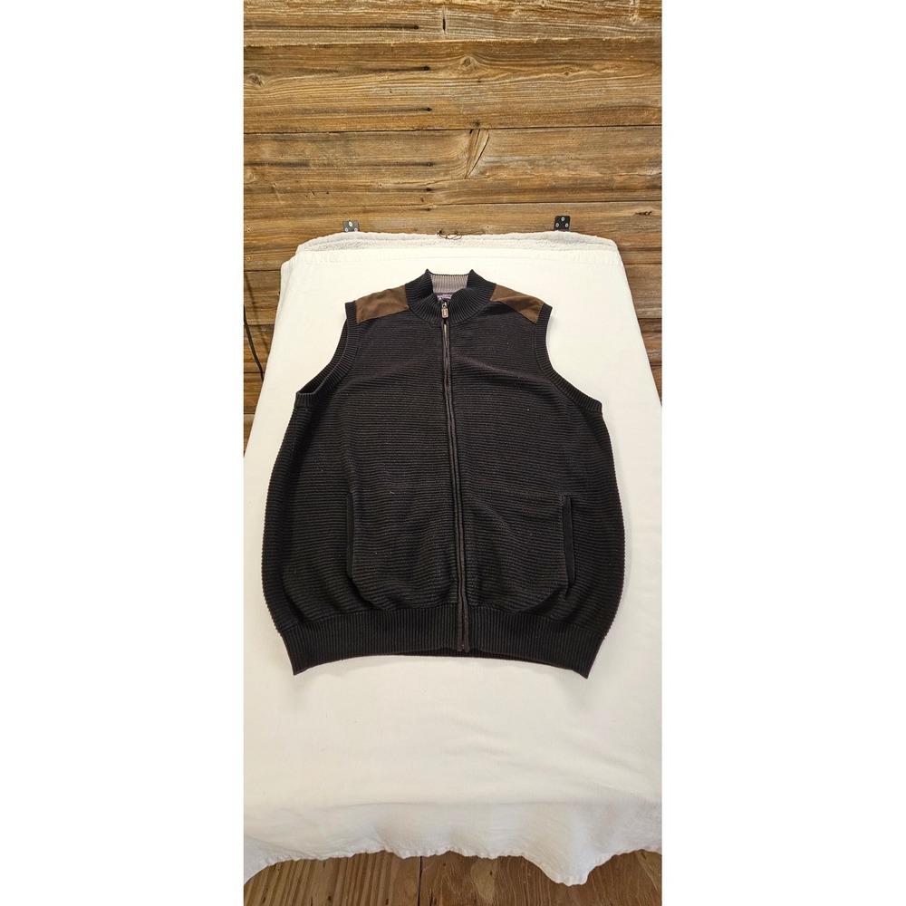 Roundtree & Yorke Mens Black Ribbed Full Zip Sweater Vest Suede Trim XL